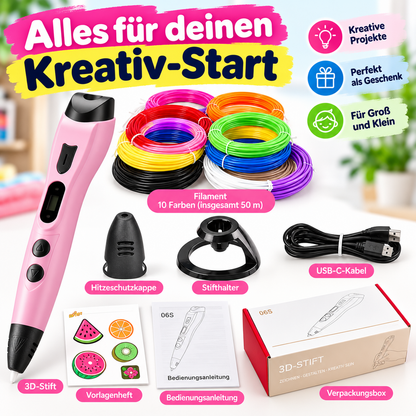 🖌️ 3D-Druckstift mit Display – Komplettset mit 10 Farben, Zeichenvorlagen & Tasche