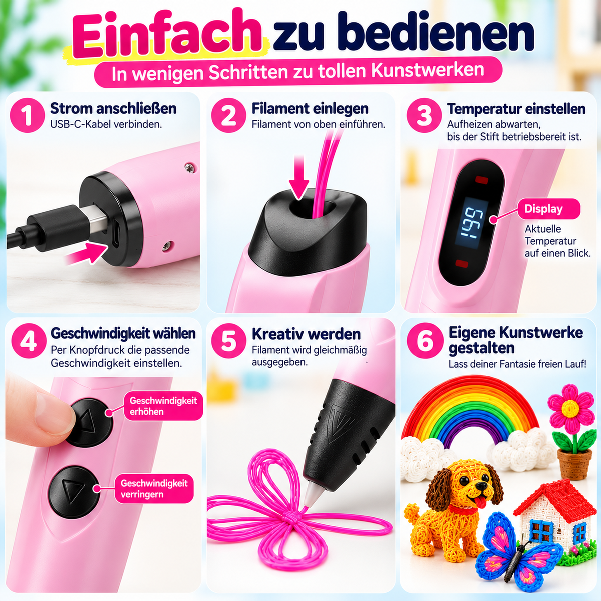 🖌️ 3D-Druckstift mit Display – Komplettset mit 10 Farben, Zeichenvorlagen & Tasche