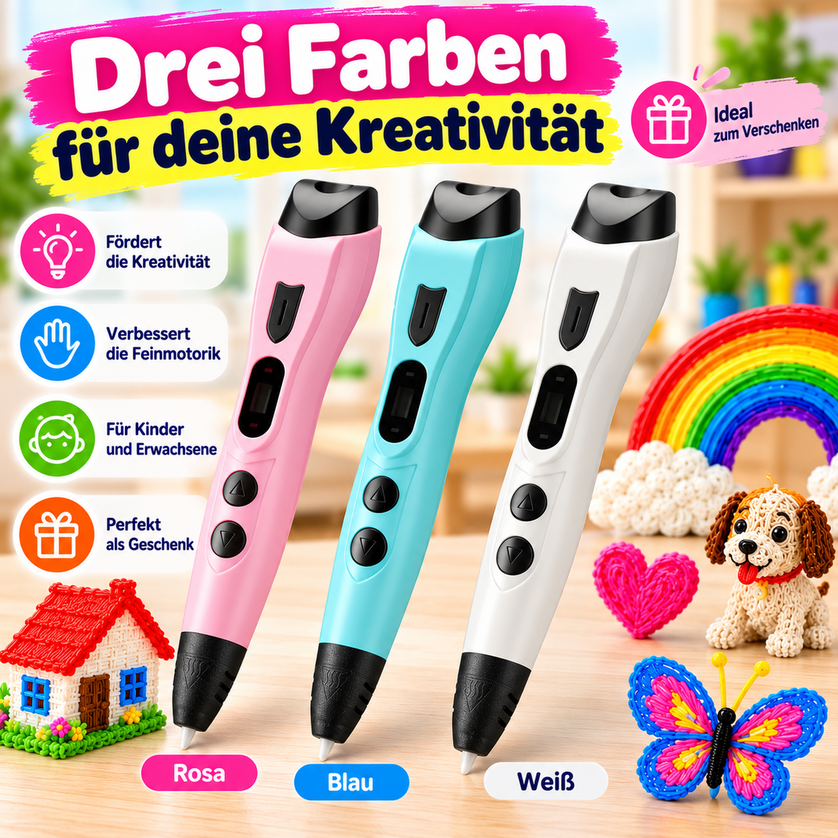 🖌️ 3D-Druckstift mit Display – Komplettset mit 10 Farben, Zeichenvorlagen & Tasche