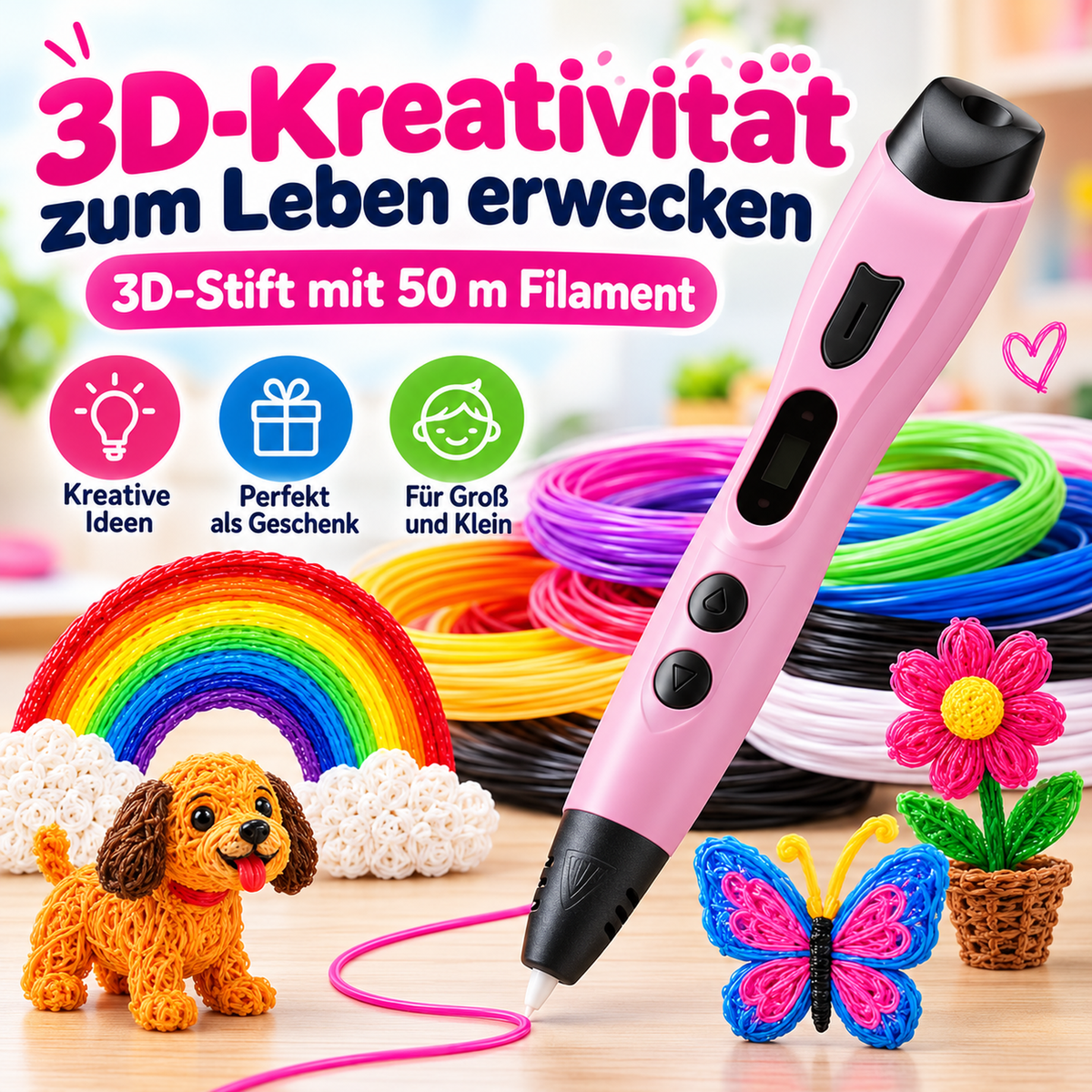 🖌️ 3D-Druckstift mit Display – Komplettset mit 10 Farben, Zeichenvorlagen & Tasche