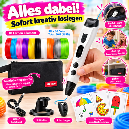 🖌️ 3D-Druckstift mit Display – Komplettset mit 10 Farben, Zeichenvorlagen & Tasche