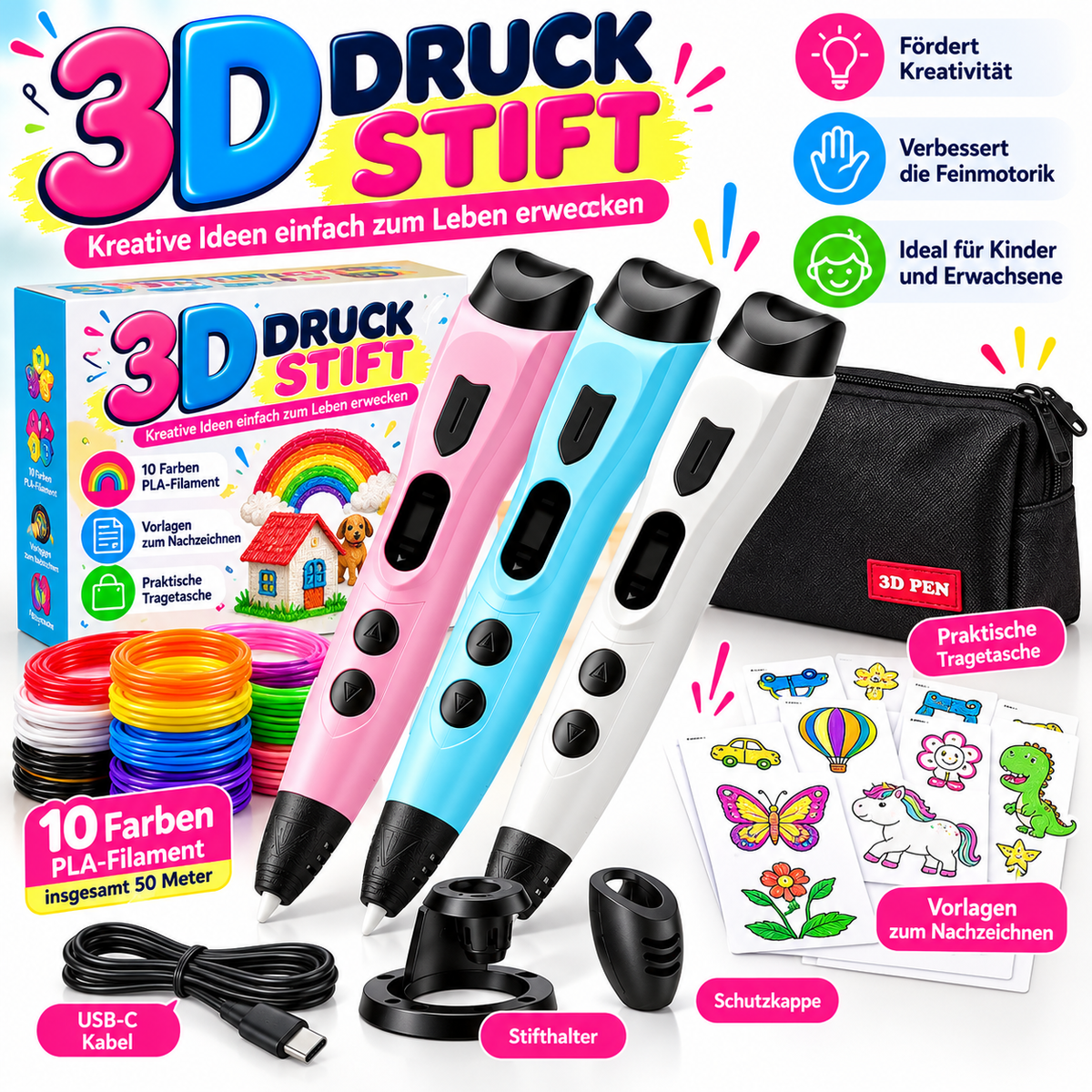 🖌️ 3D-Druckstift mit Display – Komplettset mit 10 Farben, Zeichenvorlagen & Tasche