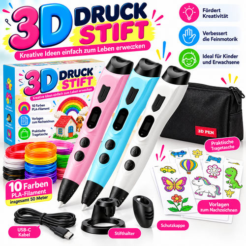 🖌️ 3D-Druckstift mit Display – Komplettset mit 10 Farben, Zeichenvorlagen & Tasche